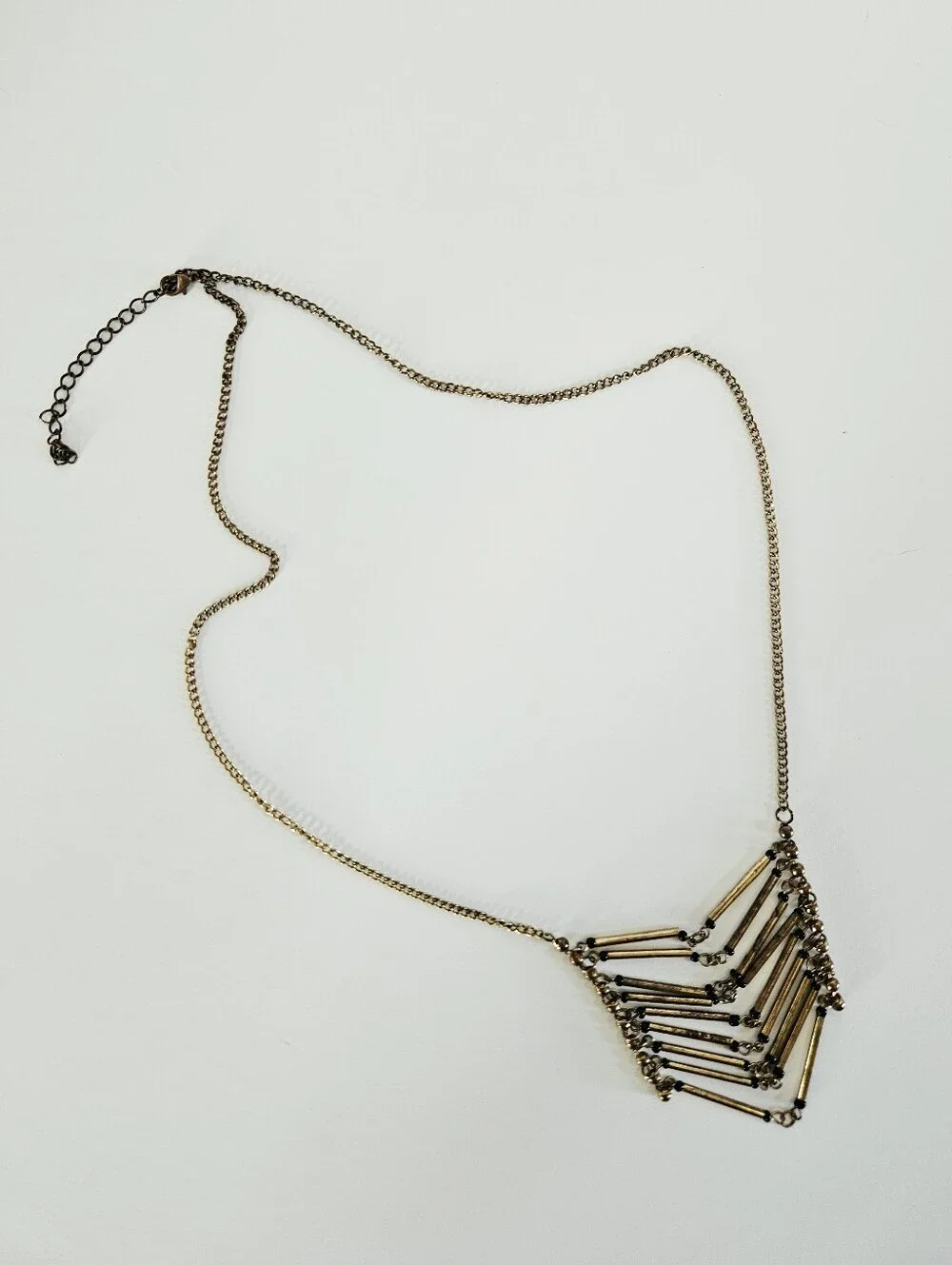 Vintage Geometric Brass Tube Beaded Chevron Hinged Cascade Bib Chain Necklace